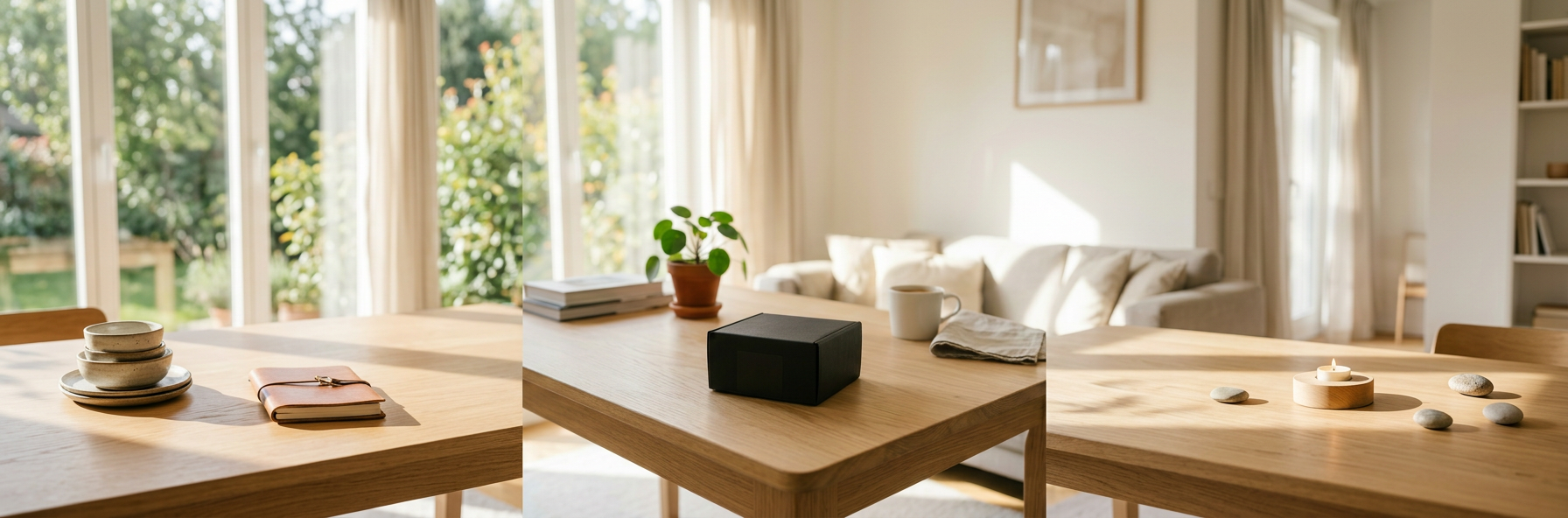 Minimalist living room table setup Wooden table with black box, small potted plant, stacked books, coffee cup, and cloth napkin in bright living room